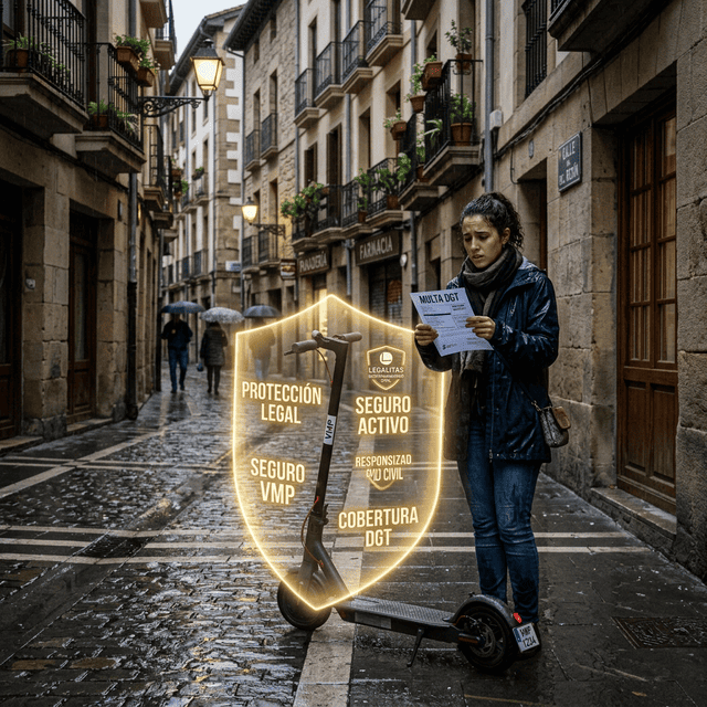 Mujer preocupada bajo la lluvia en las calles del casco antiguo de Pamplona sosteniendo una Multa de la DGT junto a su patinete. El vehículo está protegido por un escudo dorado holográfico que muestra una póliza de seguro patinete eléctrico pamplona para evitar sanciones.