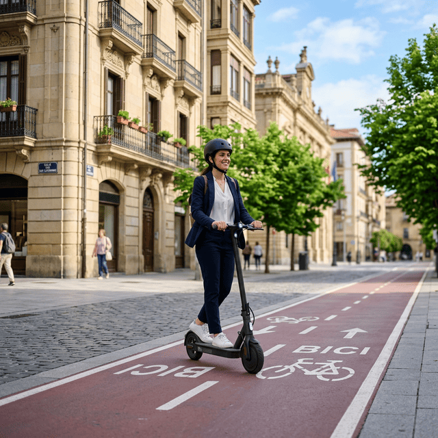 Chica joven conduciendo un patinete eléctrico por el carril bici del centro de Pamplona en una mañana soleada. Imagen representativa de la necesidad de contratar un seguro patinete electrico pamplona.