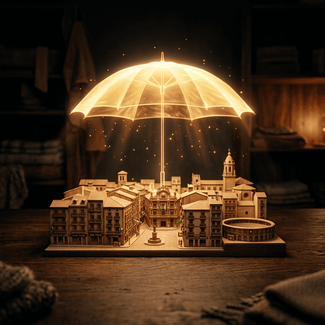 Holograma dorado de un paraguas protegiendo una elegante maqueta de arquitectura local en Pamplona