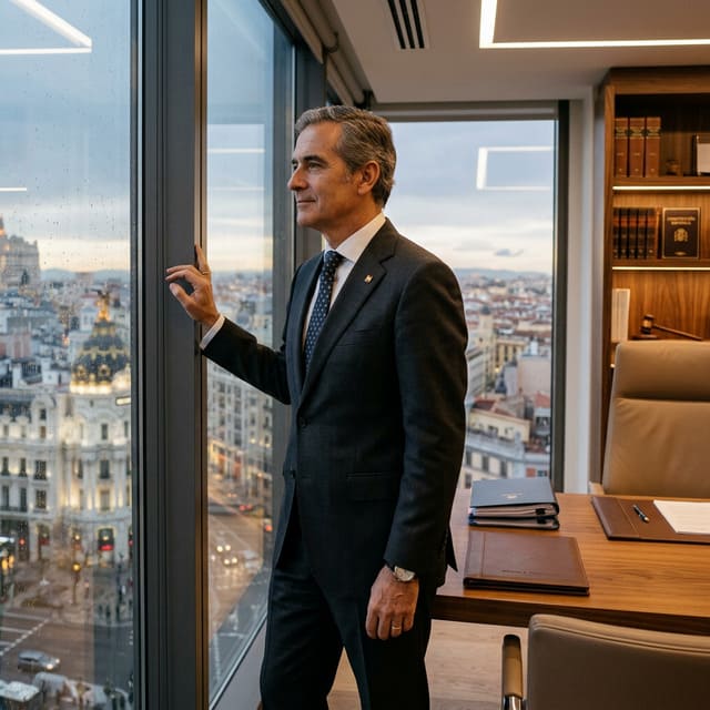 Directivo de una Pyme en Pamplona observando desde la ventana de su despacho corporativo, reflejando la tranquilidad que ofrece contar con un Seguro de Responsabilidad Civil D&O.