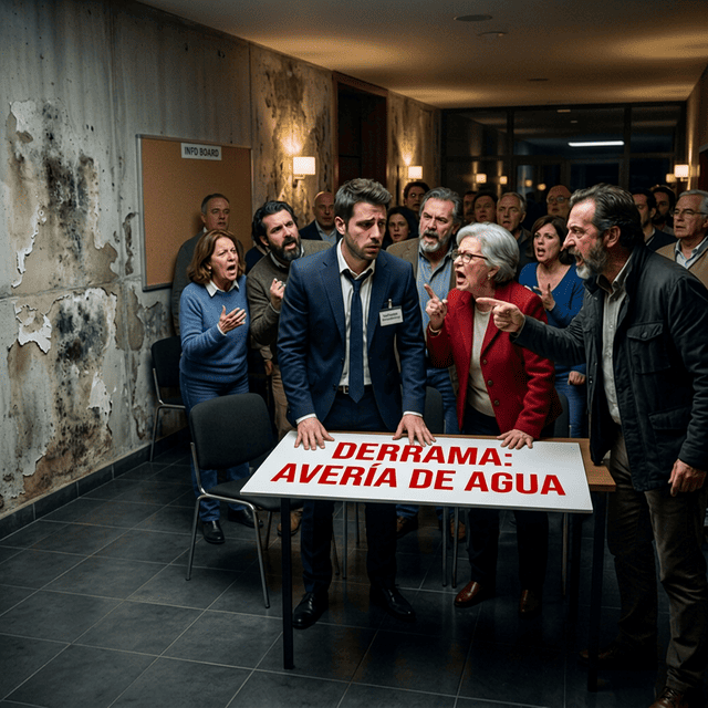 Reunión muy tensa de una junta de vecinos donde varios residentes enfadados discuten frente a frente con el administrador de fincas. En la mesa en primer plano destaca un cartel rojo grande que dice "DERRAMA: AVERÍA DE AGUA", y de fondo, las paredes presentan manchas grandes de humedad.