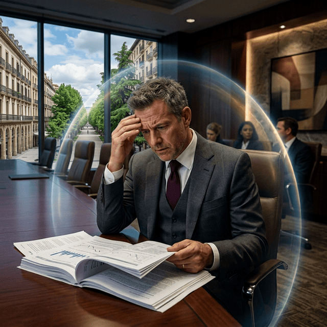 CEO estresado revisando informes financieros en una sala de juntas, protegido por un aura azul escudo de seguro D&O. Al fondo, a través del ventanal, se observan los edificios y árboles clásicos del Paseo Sarasate de Pamplona (Navarra).
