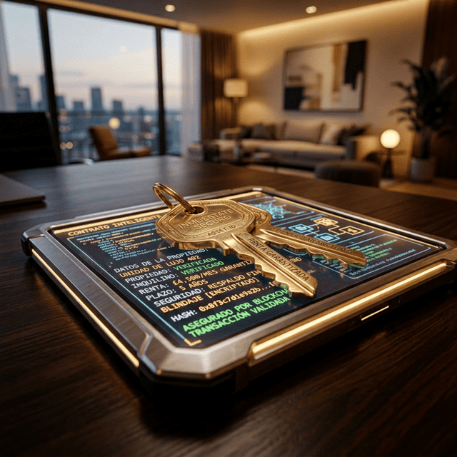 Fotografía macro de unas llaves doradas de vivienda posadas sobre una tablet luminosa que muestra en español una interfaz de "Contrato Inteligente" de alquiler seguro. De fondo desenfocado, el salón interior de una vivienda de lujo o apartamento de inversión.