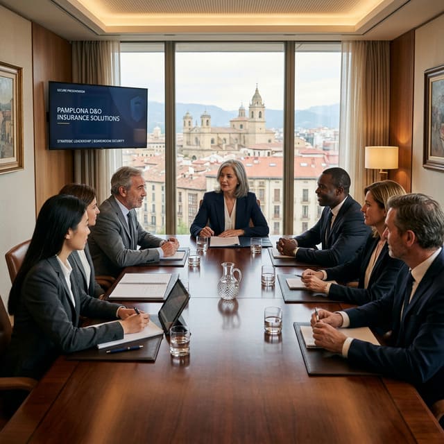 Reunión de junta directiva de una empresa navarra tomando decisiones estratégicas, ilustrando la importancia del Seguro D&O para proteger a altos cargos.